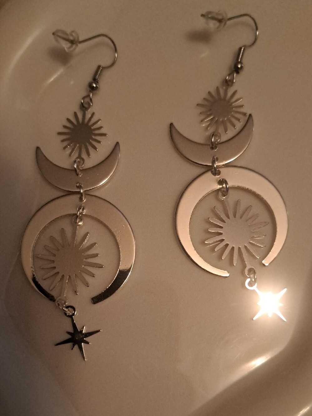 Silver Metal Celestial Moon & Star Sunburst Dangle Drop Earrings New - Picture 4 of 4
